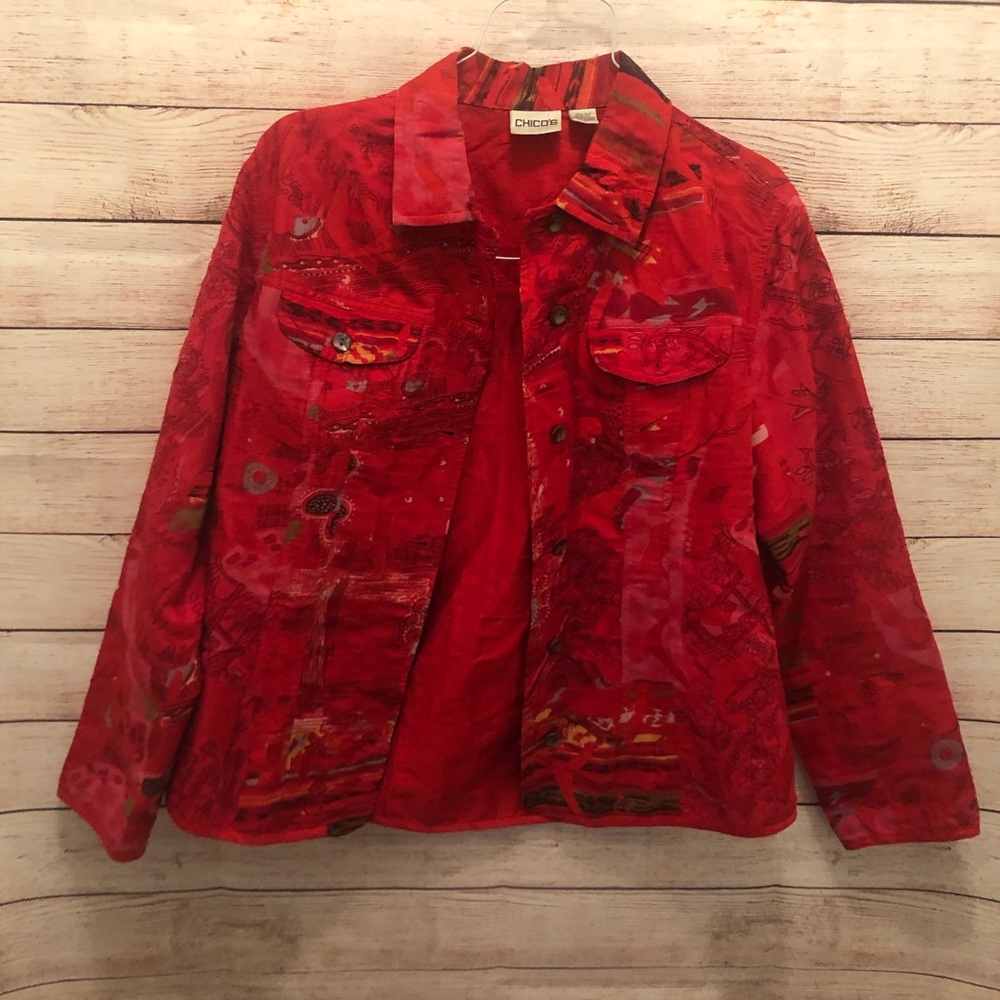 Chico’s red silk patterned jacket, collared jacket